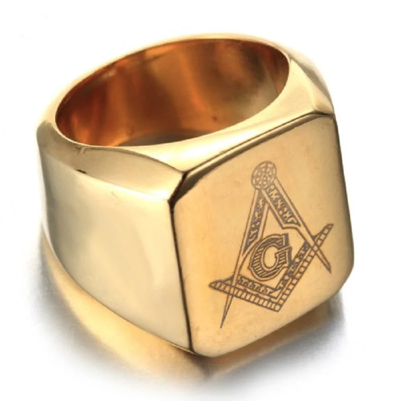 Golden and Black Men's Rings Jewelry Freemasonry Free Mason Ring Masonic Ring Stainless Steel Finger Ring Size 7 to 14