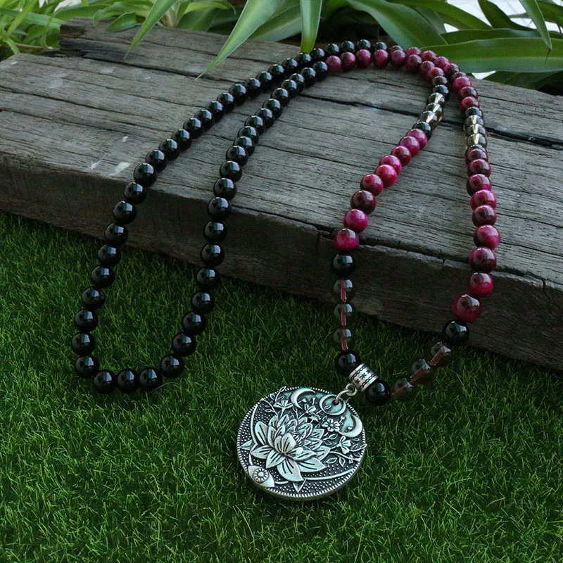 8mm Rose Tiger's Eye And Black Onyx Beads Necklace,With Lotus Pendant design Mala,108 Bead Mala, Mala Jewelry, Mala Prayer Beads