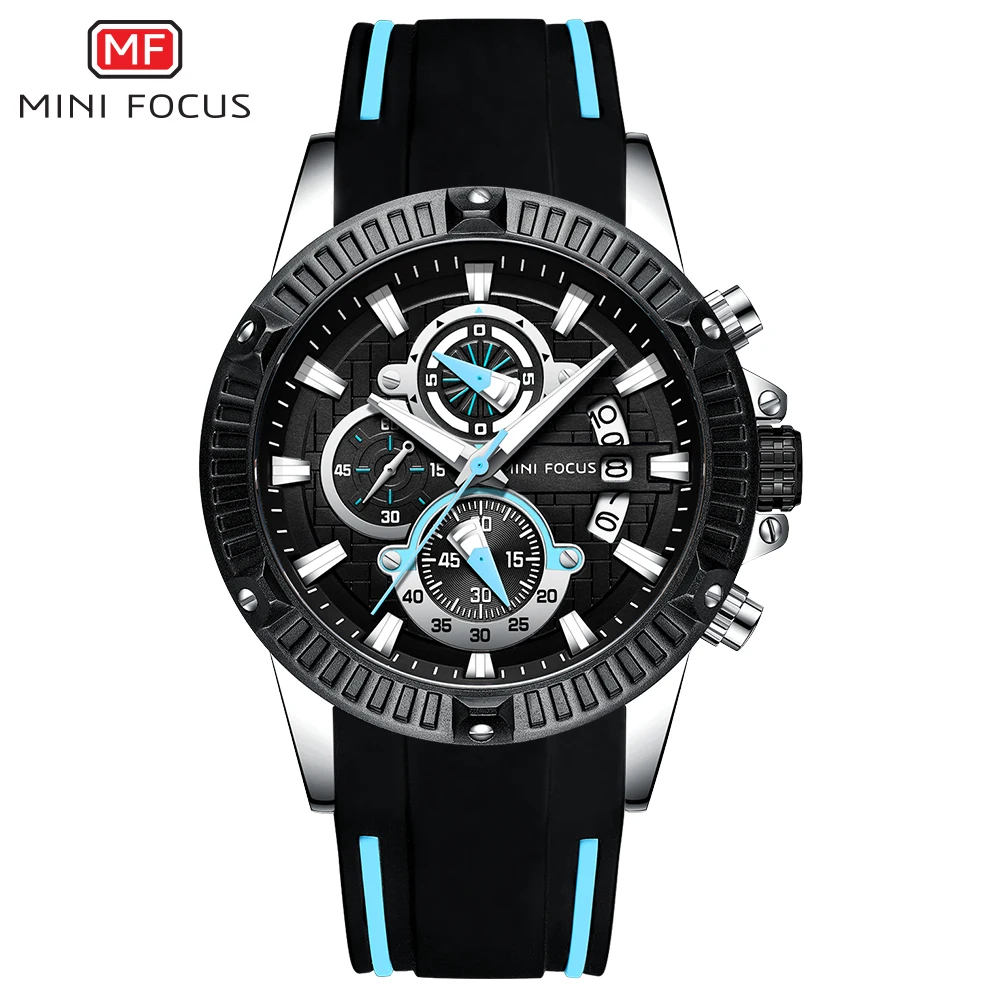 MINI FOCUS Quartz Watches for Men Silicone Strap Army Sports Chronograph Wrist Watch for Man Clock Relogios Masculino 0244G0.3