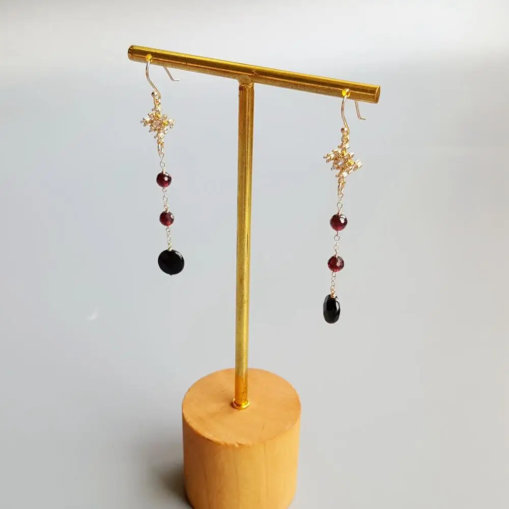 Lii Ji Genuine Black Agate Garnet Zircon Snowflake Drop Delicate S925 Earrings Hook Earrings