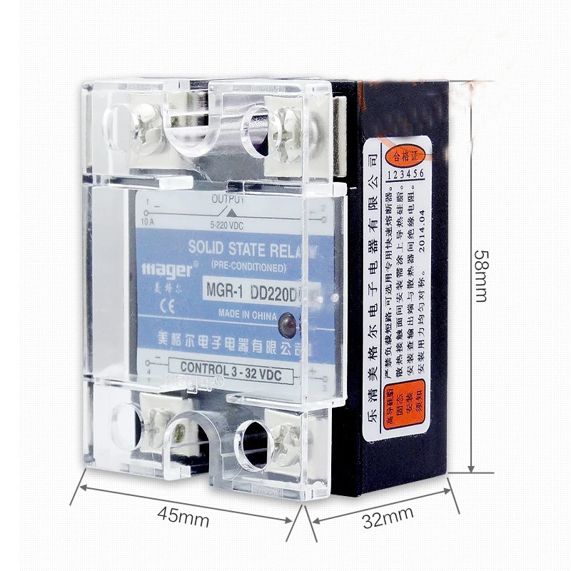 

Free shipping 2pc 25A Industrial use Mager SSR 25A DC-DC Single phase solid state relay Quality 24VDC-DC MGR-1 DD220D25