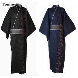 Kimono Robe Men100% Cotton Cloth Stitch Japanese Style Pajamas Bathrobe Long Nightdress Design Embroidered