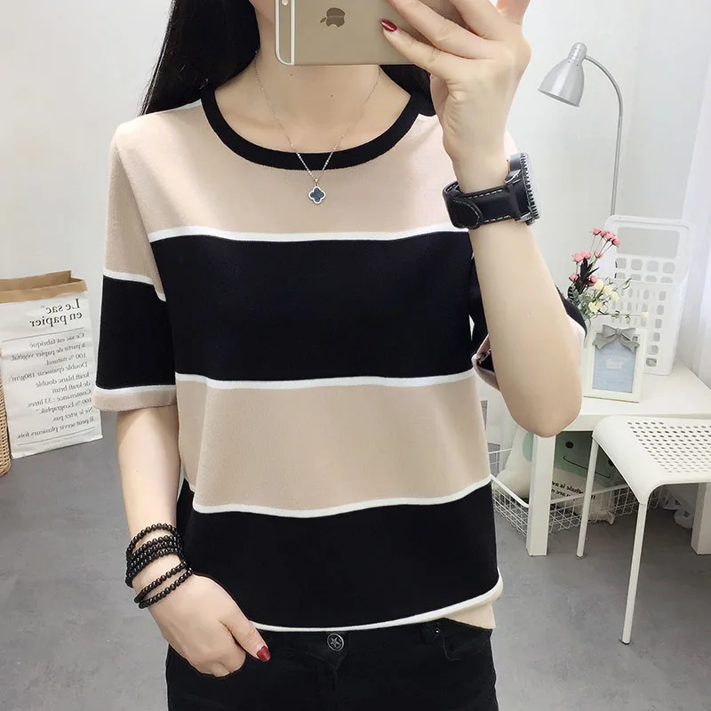 

Women Knitted Summer T-Shirt Tops Short Sleeve Elastic Striped Fashion Korea Ladies Pullovers Causal Russia T shirts Female