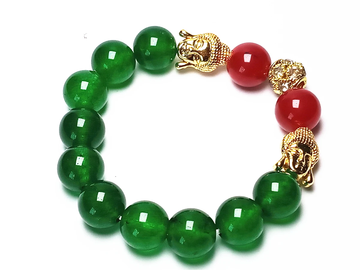 Koraba 12mm Natural Green Jade Gold Sakyamuni Buddha Round Gemstones Beads Stretch Bangle Bracelet