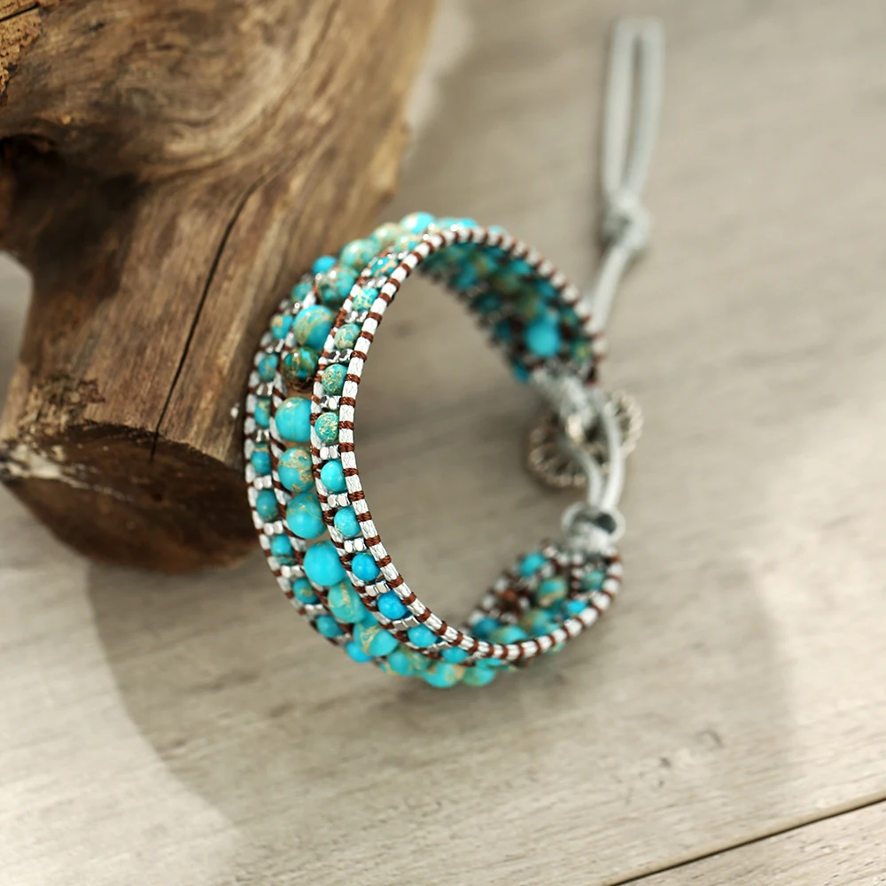 Women and Men Handmade 3 Row Wide Wrap Around Blue Turquoise Adjustable Bracelet Jewelry