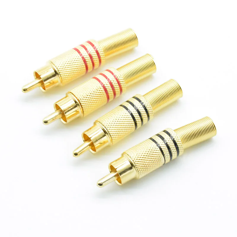 4Pcs/2pairs Gold Plated RCA Connector Plug Audio Male Connector With Metal Spring Cable Protector red black