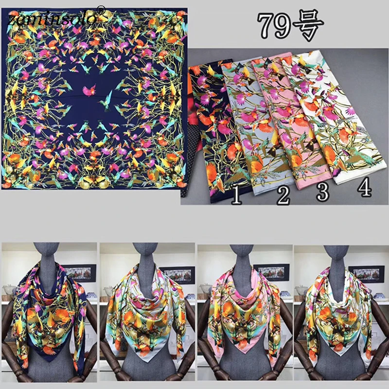 130*130cm New Luxury Brand Scarf Bandana Shawls Printed Bird Women 100% Twill Silk Scarf Square Scarves Hijab Headband