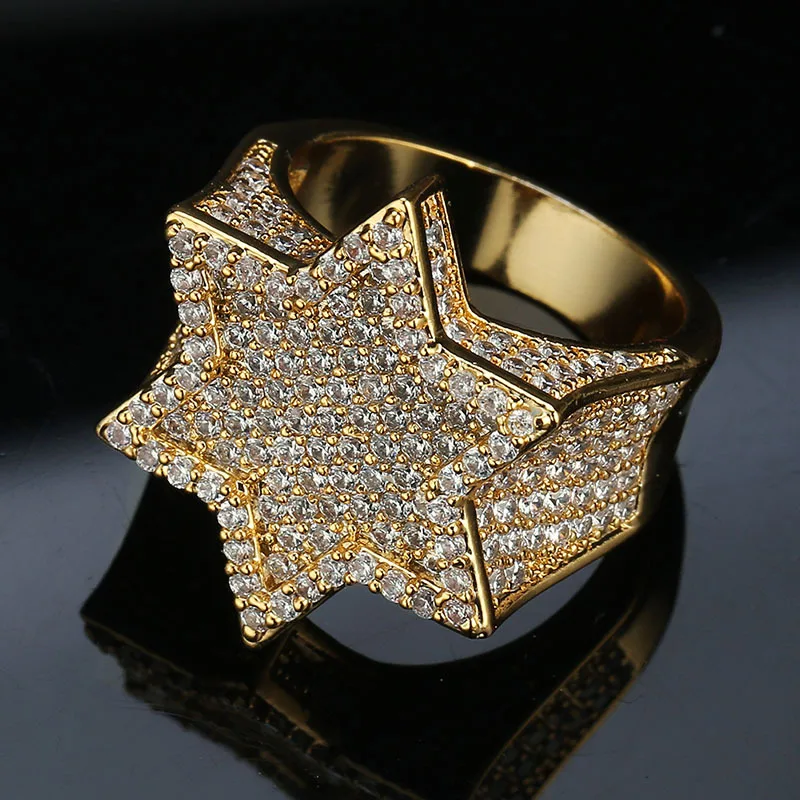 Mint Green AAA Cubic Zirconia Bling Ice Out Jewish Star of David Hexagram Rings for Men Hip Hop Rapper Jewelry Gold Color