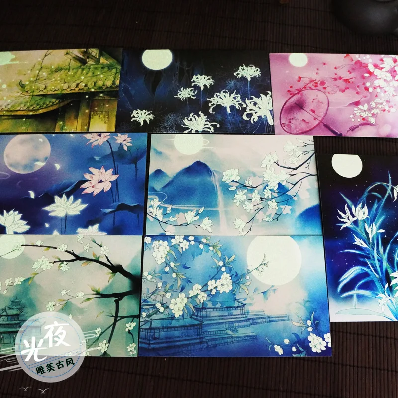 16 Sheets/Set Flower Moon Night Series Luminous Postcard with Tassel DIY Hand-painted Greeting Message Cards Birthday Gift