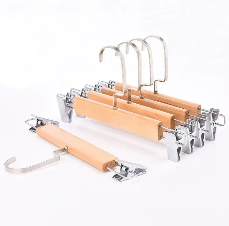 100pcs Fashion Hanger Solid Wooden Natural Pants Trousers Skirt Laundry Hangers Wood Clip Hanger Slip-resistant  SN2491