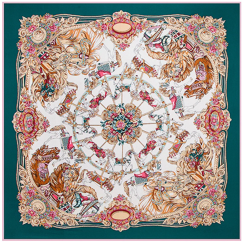 

130cm 100% Silk Twill Luxury Brand Silk Scarf For Women Large Square Scarves Headband Merry-go-round Paisley Print Shawl Hijab