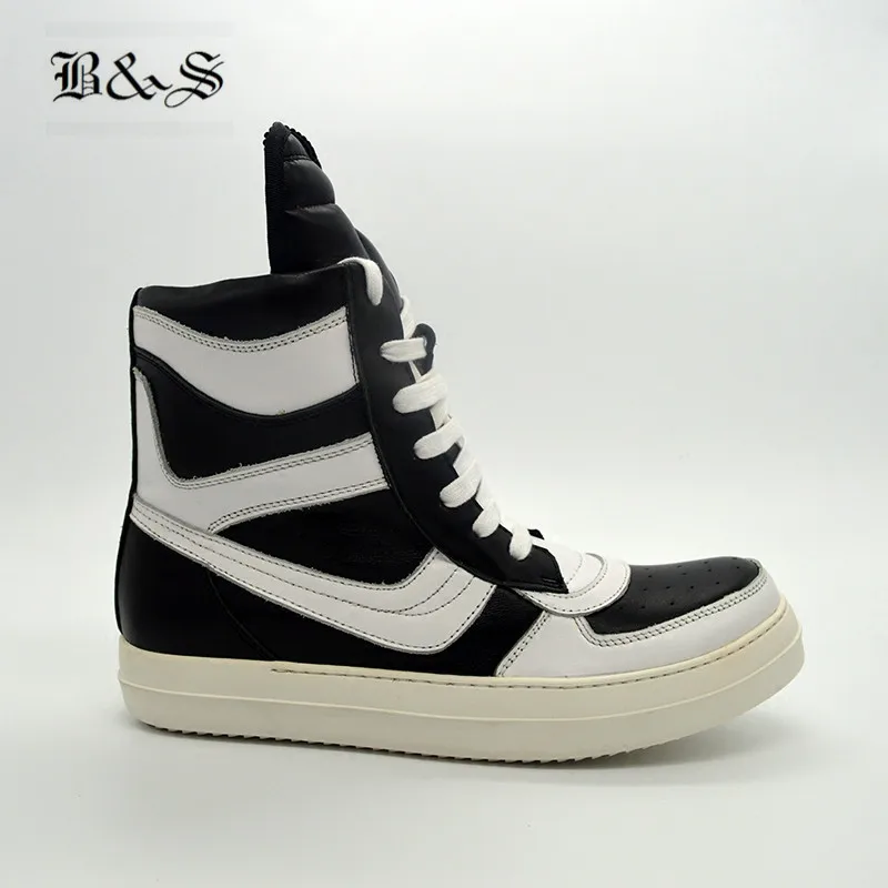 

Black& Street Men High Top Black And White Patchwork Genuine Leather Street Hip Hop Boots Luxury style Zip Flat Quality Shoes