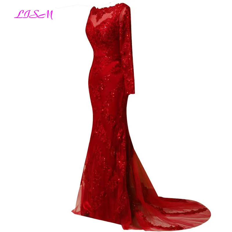 Real Photos Red Full Sleeved Evening Dress 2022 Lace Appliques Mermaid Prom Dresses Elegant Long Sweep Train Formal Party Gowns