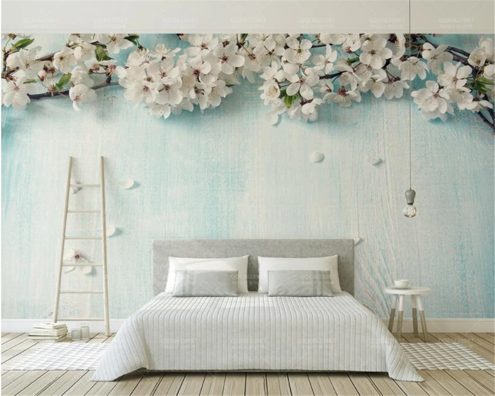 Modern living room custom mural wallpaper Fresh blue cherry blossom petals TV background wall painting 3D wallpaper