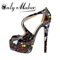 Onlymaker Women Peep Toe Platform Stiletto Pumps White  Black Graffiti Colorful Fashion Thin High Big Size Women Heels