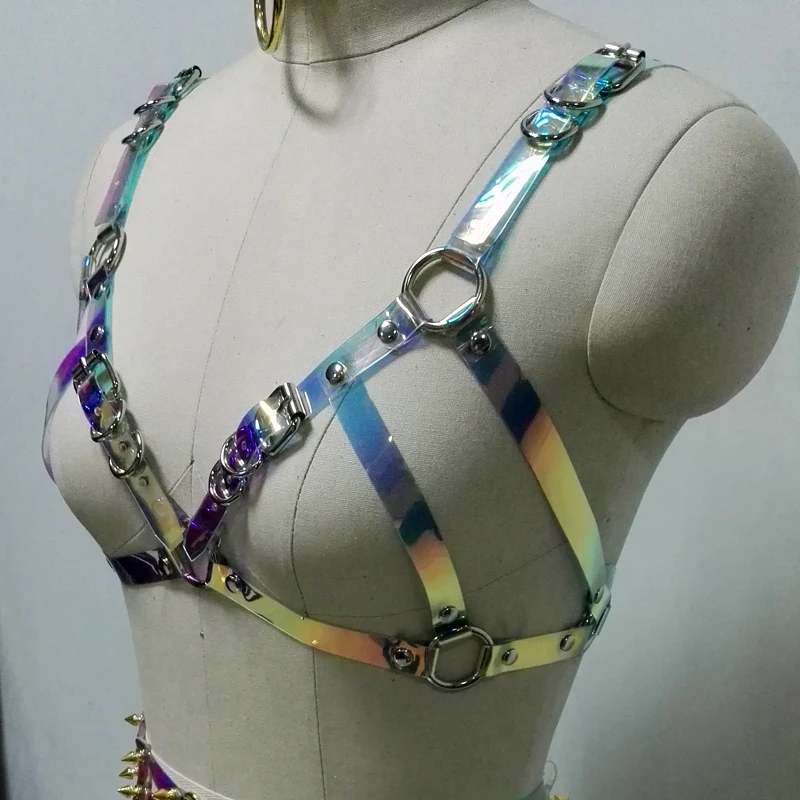100% Handmade Spiked Waist Garter Belt with 4 Suspender Straps Punk Gothic Holographic PVC Choker Bra Top Rainbow Harness Belts
