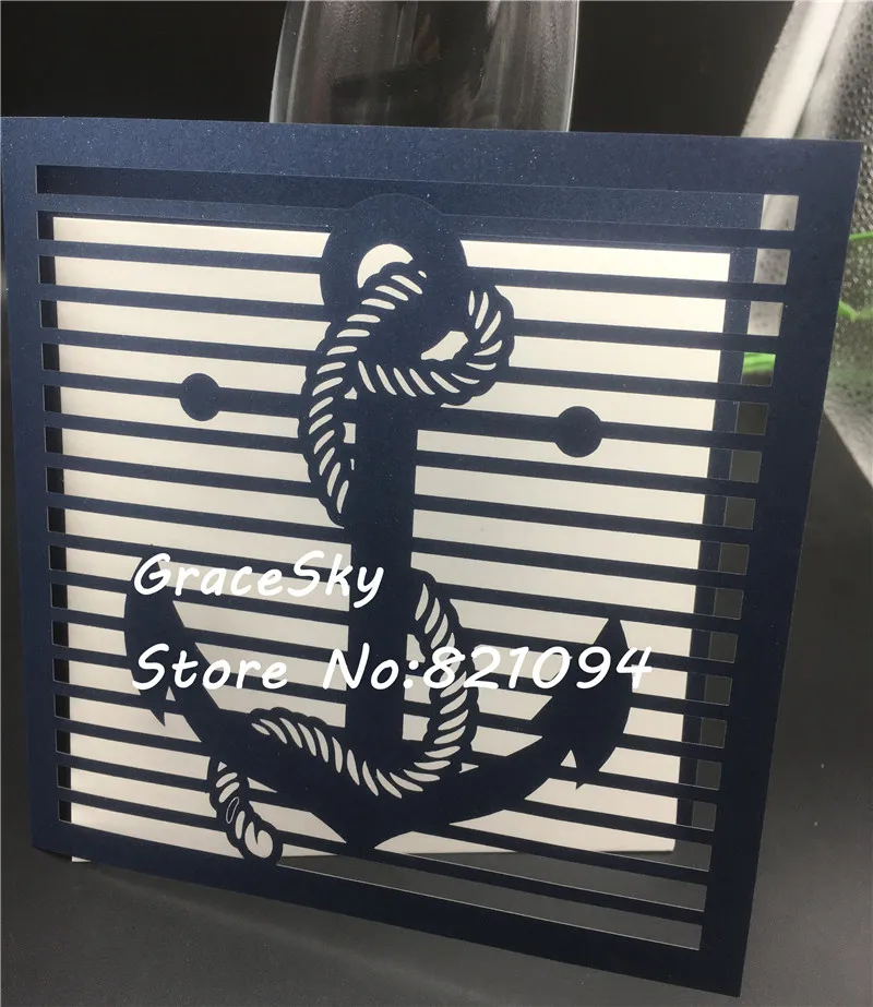 50pcs free shippig Laser cut Nautical Anchor wedding invitations Cards,customized card blanks for wedding invitations rsvp