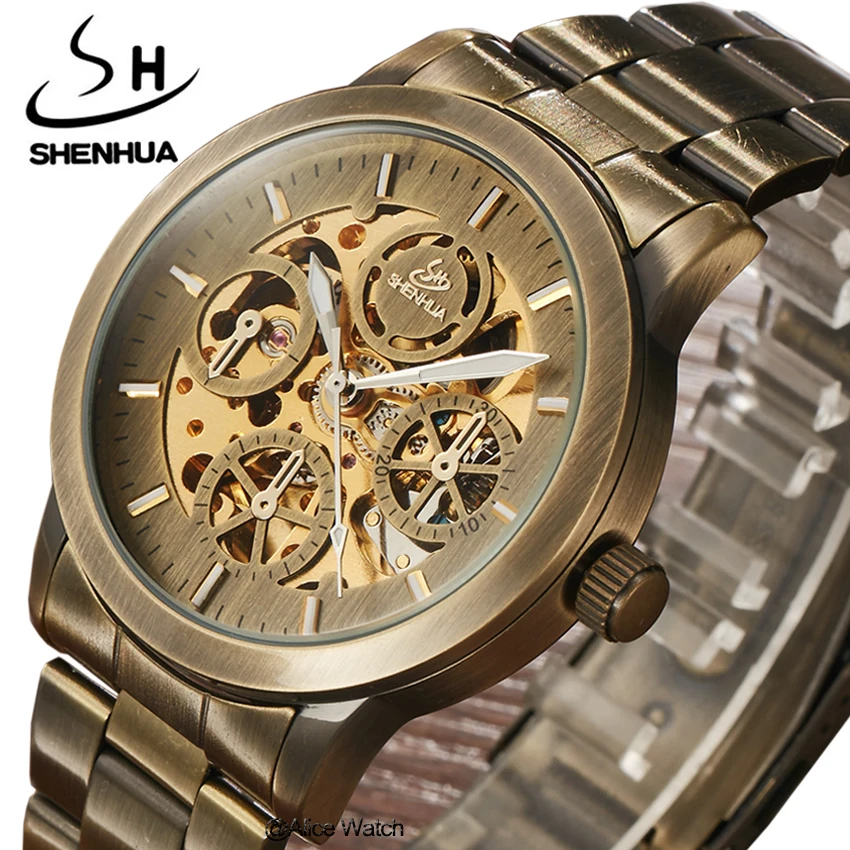 

Retro SHENHUA Automatic Mechanical Watches Men Brand Luxury Full Steel Skeleton Antique Men Mechanical Watches Relogio Masculino