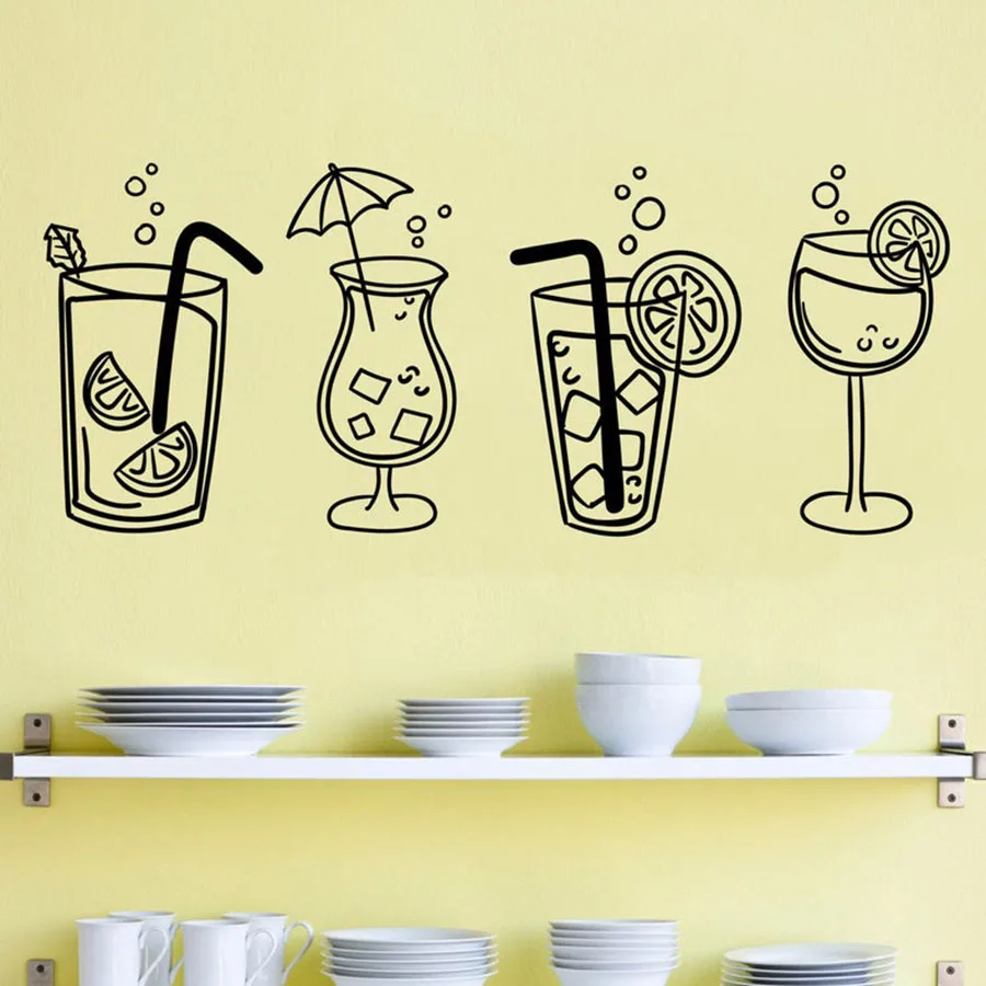 Wall Vinyl Decal Four Cocktail Glasses Drinks For Kitchen Bar Restaurant Interior Wall Decoration Window Glass Stickers S466