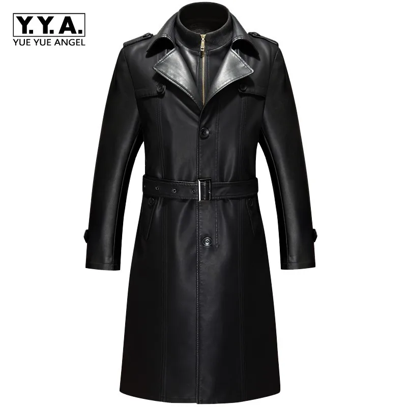 New Brand Winter Spring Long Jackets Man Slim Trench Coats Mens Single Breasted Leather Coats For Man Autumn Fleece Lining