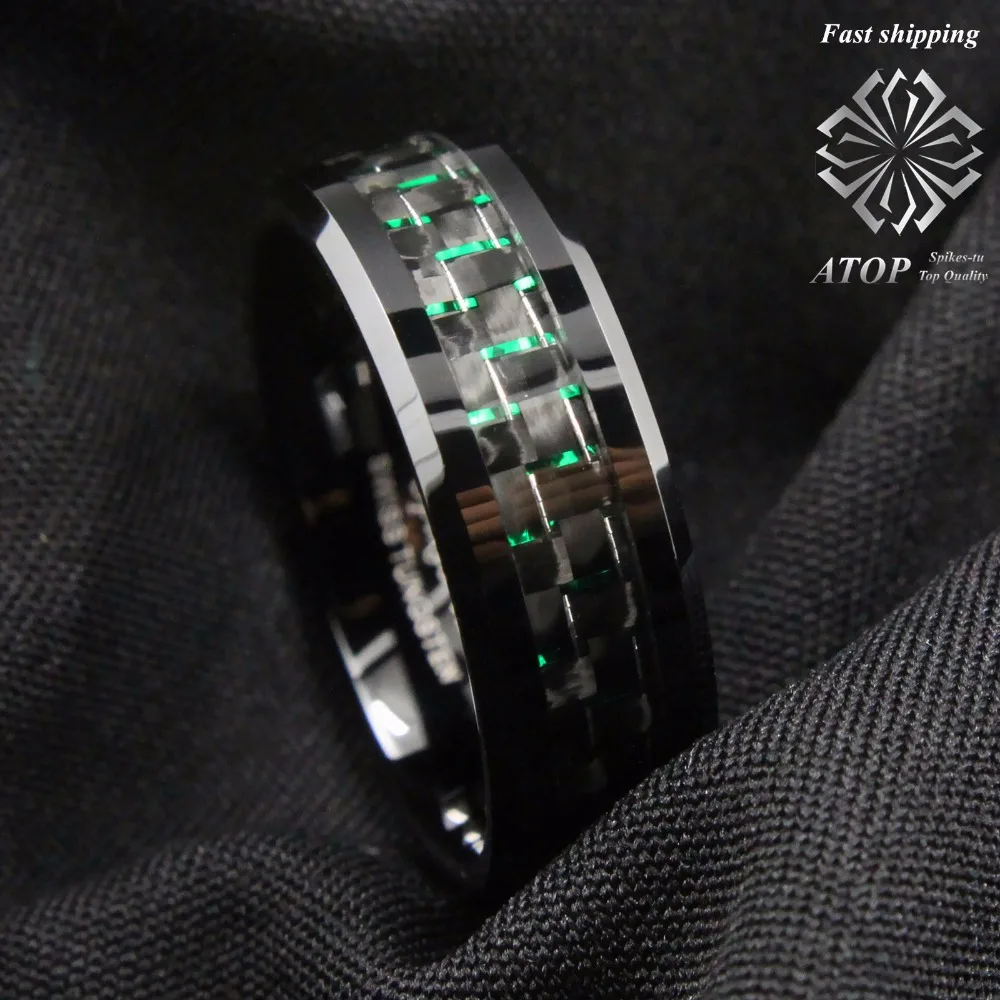 

Men's jewelry Tungsten Ring with Carbon Fiber 8mm Black and Green Wedding Band Free Shipping