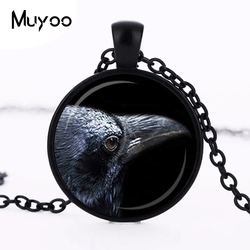 RAVEN PENDANT Black Raven Necklace Goth Jewelry Bird Necklace Steampunk Gift Black Gray Round Blue Crow Necklace Wizard HZ1