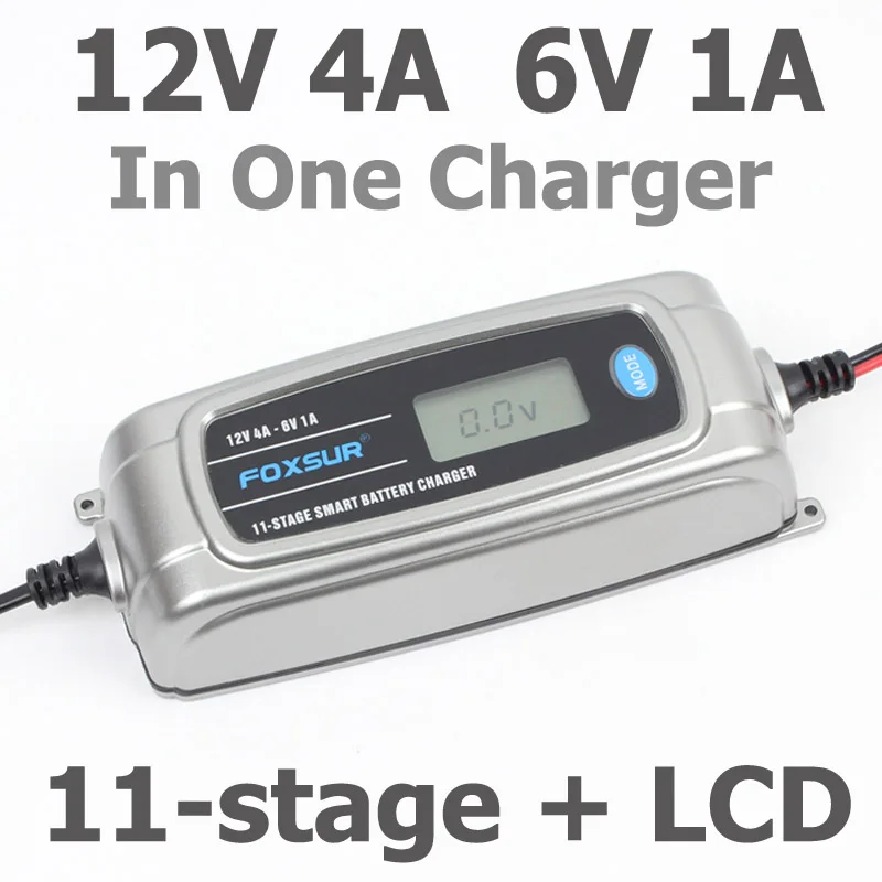 FOXSUR 12V 4A 6V 1A 11-stage Smart Battery Charger, 6V 12V EFB GEL AGM WET Car Battery Charger with LCD display & Desulfator