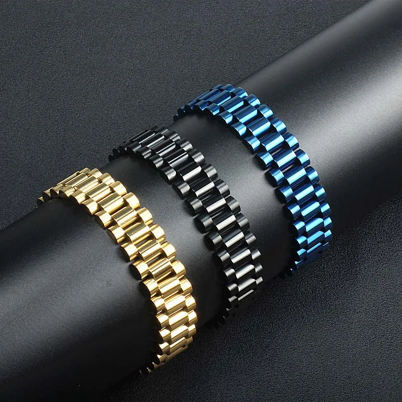 Luxury Stainless Steel Black Blue Golden Watchband Design Men's Bracelets Bangles For Man Arm Hand Cuff Cool Women Jewelry Gifts