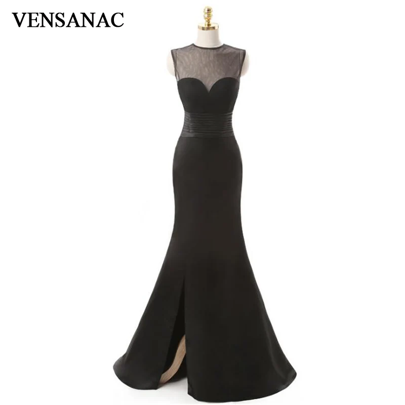 

VENSANAC 2018 Mermaid Lace Illusion O Neck Split Long Evening Dresses Party Pleat Backless Sweep Train Prom Gowns