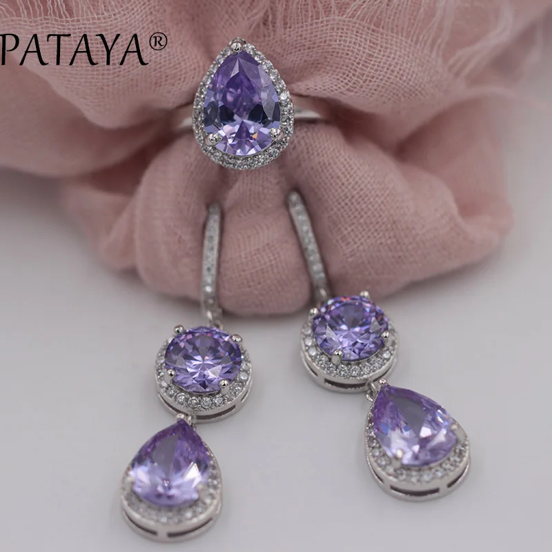 PATAYA New Women Wedding Party Trendy Jewelry Set Water Drop Natural Zirconia Earrings Ring Sets True White Gold Color Jewelry