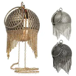 Golden Diamond Tassel Women Round Ball Metal Crystal Clutches Evening Bag Wedding Bridal Shoulder Messenger Handbag Luxury Purse