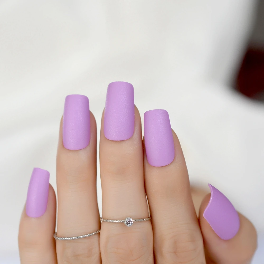 สีม่วงอ่อน Matte เล็บปลอมเล็บปลอมยาว Full Frosted Nep Nagels ประดิษฐ์เล็บ Faux Ongle ทุกวันสำนักงาน