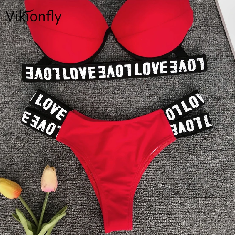 Vikionfly Super Push Up Bikini Women 2020 Summer Printed Love Letter Halter Swimsuit Female Ladies Sexy Swimwear Bathing Suit