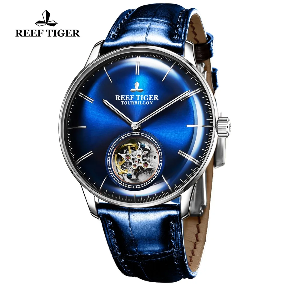 Reef Tiger/RT Luxury Brand Automatic Mechanical Watches Blue Tourbillon Watch Men Leather Strap relogio masculine RGA1930