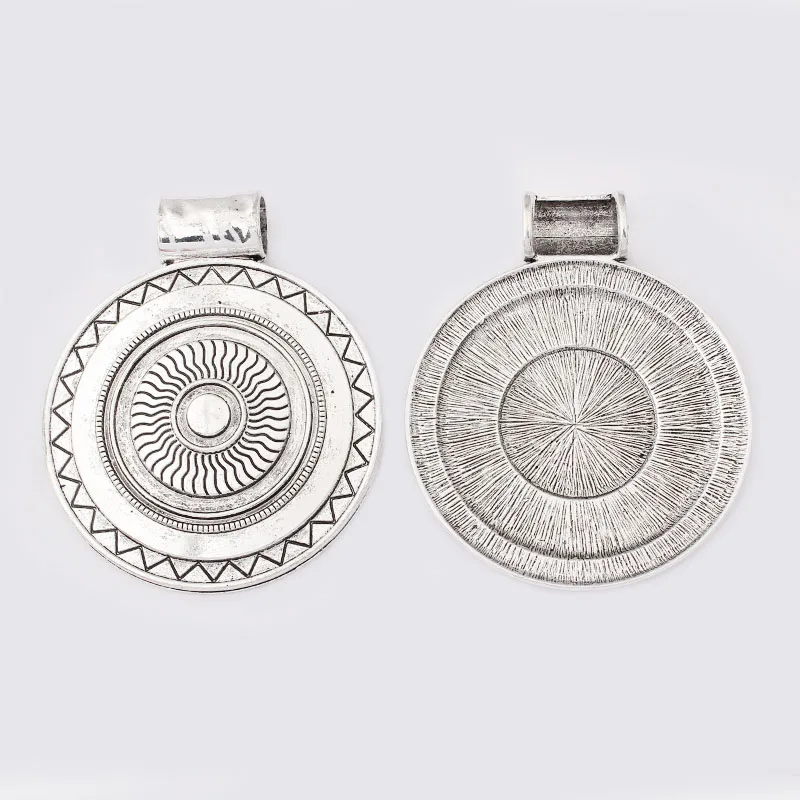 1pcs Tibetan Silver Large Bohemia Boho Medallion Carved Wave Round Charm Pendant For DIY Necklace Making Findings 63.5x77mm