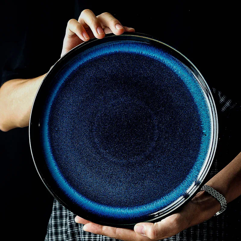 1pc Blue Ceramic Dinner Plate Cat Eye Design Dinner Dishes Round Salad Dessert Serving Plate Kitchen Dinnerware 8/10 inch