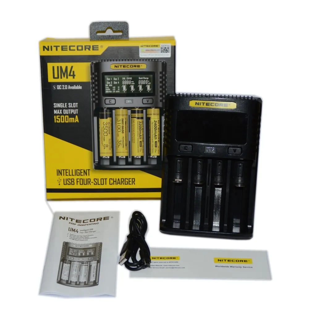 Caricabatterie intelligente LCD NITECORE UM4 UM2 C4 VC4 per batterie Li-ion/IMR/mary/ICR/LiFePO4 18650 14500 26650 AA 3.7 1.2V 1.5V D4
