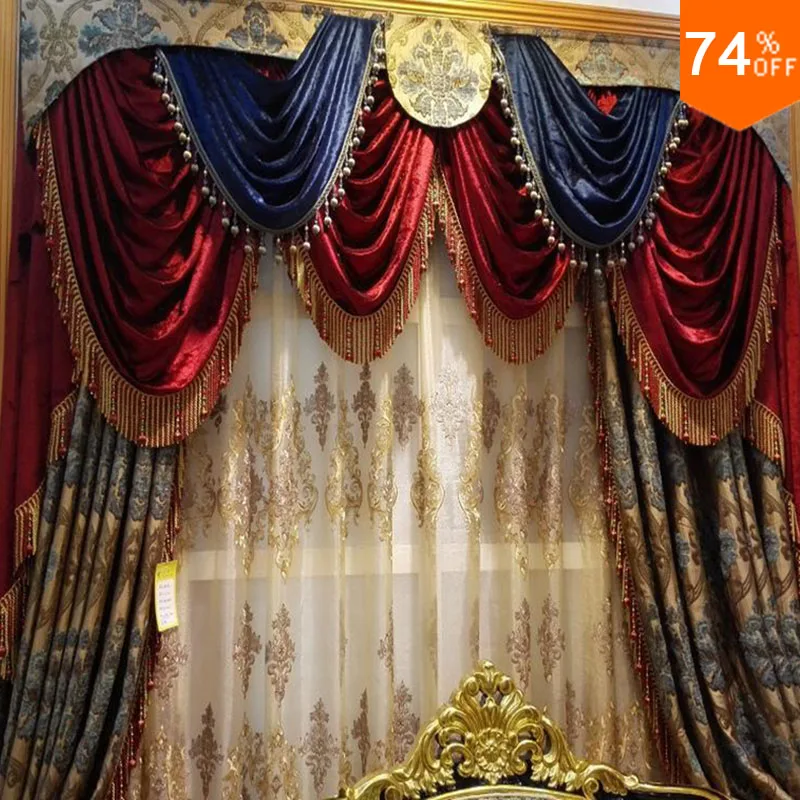 Red Blue Tent Embroidery Golden and blue flowers on Beige curtains for hotel Hall Curtain Classic elegant Living Room Curtains