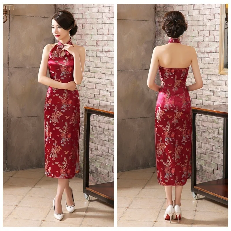 Chinese National Long Cheongsam Dress Satin Retro Costume Socialite Dragon Phoenix Women Halter Dresses Qipao