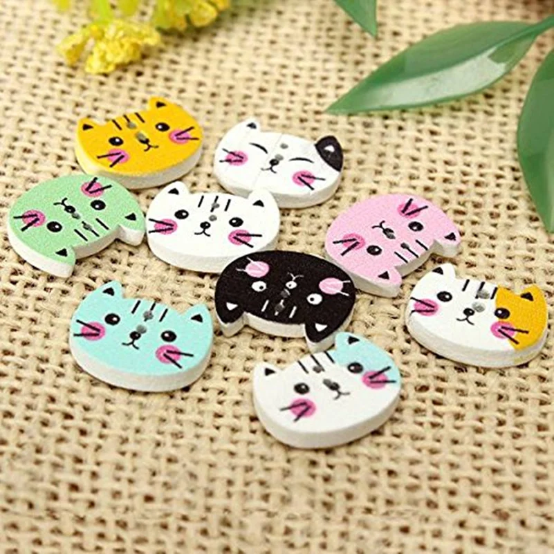 100pcs Animal Cat Wooden Button Sewing Scrapbooking DIY Craft Colorful 2 Holes  7NK155