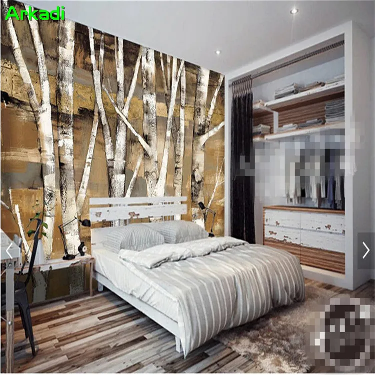 

Europe and the United States retro old forest abstract forest birch forest oil painting wall photos bedroom landscape wallpaper