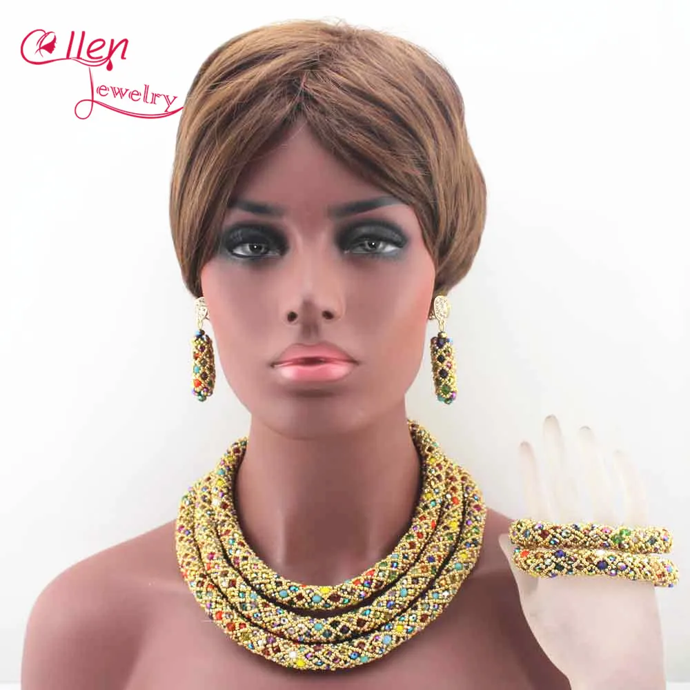 

2019 Delicate multi-color Crystal Nigerian Wedding Bridal Accessories African Beads Jewelry Set Necklace Bracelet Earring N0027