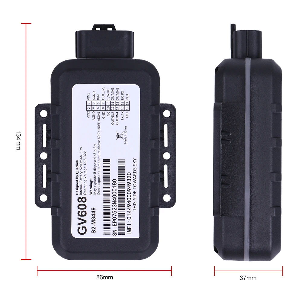 GV608 Waterproof GPS Tracker 5200mAH Battery Car Voltage Range 8V to 32V DC GPRS Vehicle Tracking Device Multiple I/O Interface