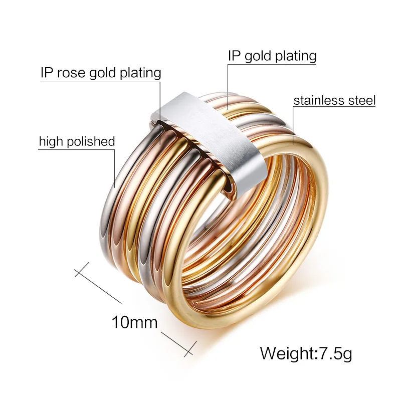 Women\'s Unique Rings Stainless Steel 6 Circle Interlocked Stacked 10MM Wide Statement Party Bijoux Accessories