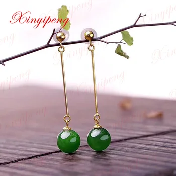 Xin yi peng 18 k yellow gold inlaid natural hetian jade jasper drop earrings, women's earrings, simple and easy, anniversary gift