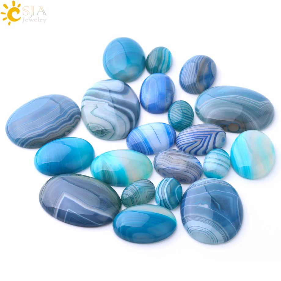 CSJA Oval Natural Stones Cabochon Base for Jewelry Making Blue Striped Agates Accessories DIY Women Rings Earrings 30X40 F809