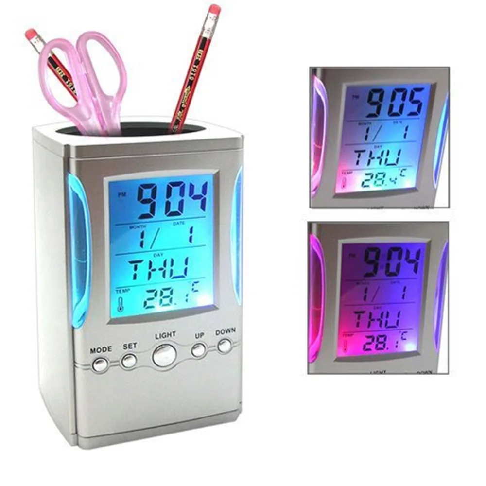 Electronic Digital Desk, Colorful LCD Display, Calendar, Thermometer, Alarm Clock, Pen, Pencil Holder, 50Pcs