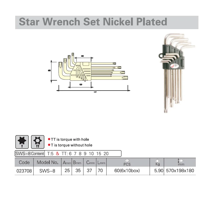 Jetech 8pcs mini star end spanner set torque torx wrench kits torx T5 T6 T7 T8 T9 T10 T15 T20 combination package nickel plated