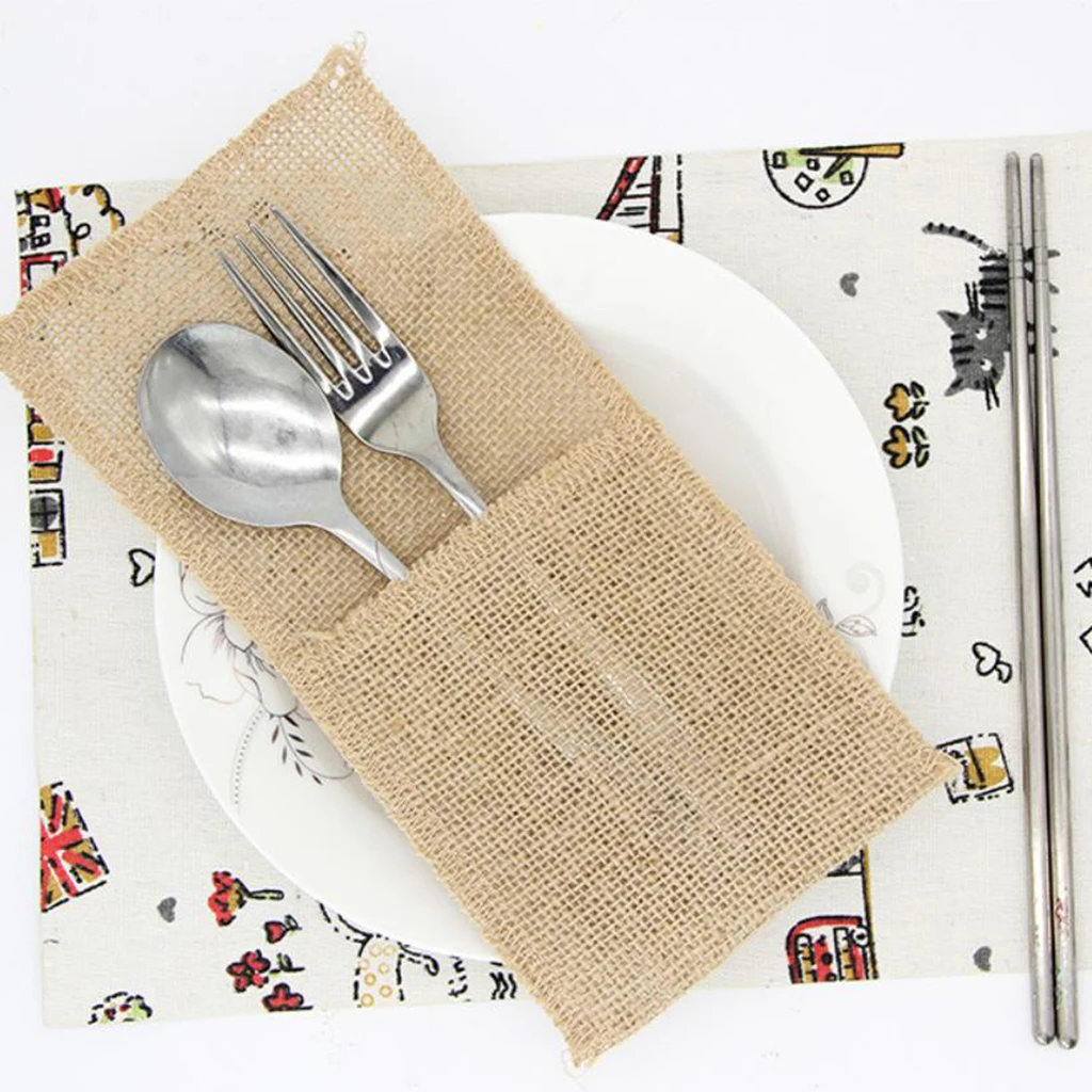 

12 Pieces Burlap Knifes Forks Holders Cutlery Pouch Bag Party Gift Favor