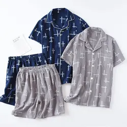 Pijama de 100% para hombre, ropa de dormir de algodón de manga corta, ropa de verano arrugada, suelta y de ocio, de talla grande